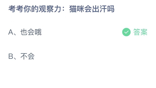 支付宝蚂蚁庄园3月3日答案2023-考考你的观察力：猫咪会出汗吗？3月3日答案