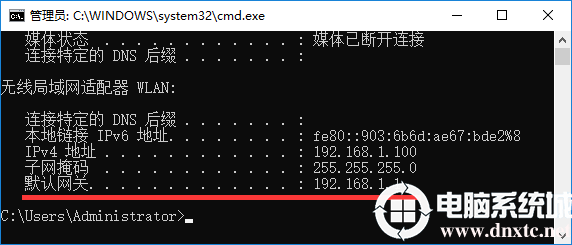 输入：ipconfig 命令