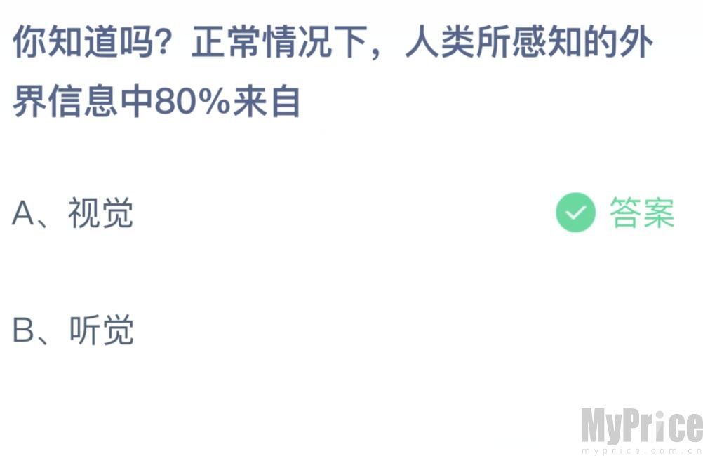 你知道吗正常情况下人类所感知的外界信息中80%来自 支付宝蚂蚁庄园7月22日答案最新2023